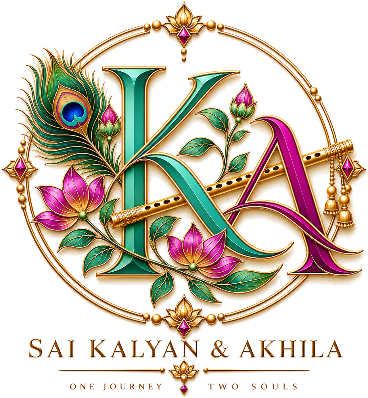 Sai Kalyan and Akhila — a K and an A entwined with a flute, a peacock feather and lotuses